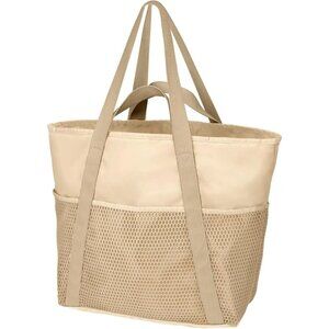 Women's Beige Vacation Waterproof Sandproof With Zipper Mesh Pockets Beach Bag